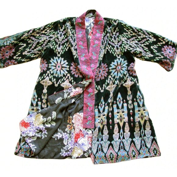 JOHNNY WAS Payden $490 Reversible Silk Velvet Floral Geometric Kimono Jacket M - Picture 1 of 14